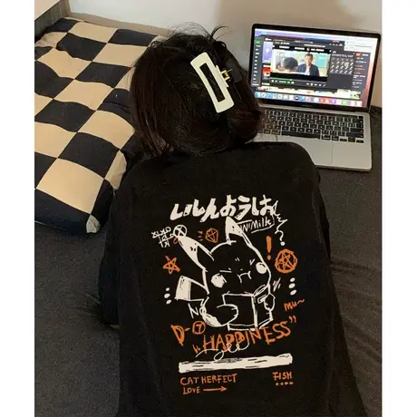 胖mm国潮美式高街短袖t恤女ins潮夏季宽松oversize设计感小众上衣商品大图