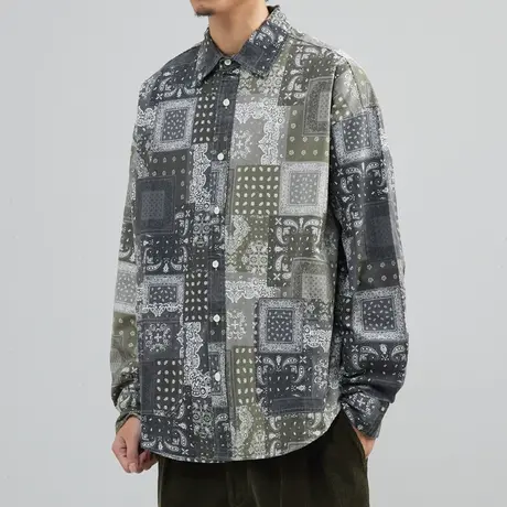 民族风日系腰果花内搭拼色衬衫男士2022年秋季新款潮宽松长袖衬衣图片