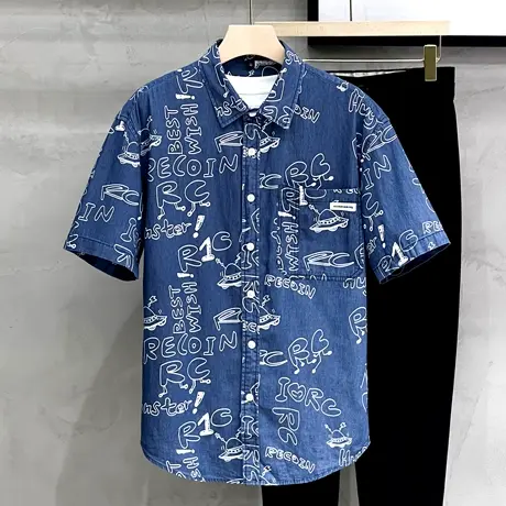 夏季男士纯棉短袖牛仔衬衫半袖寸衣印花韩版修身休闲花衬衣外套潮商品大图