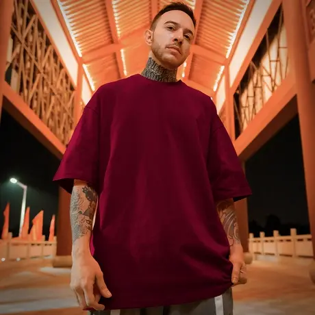 加肥加大纯色宽松酒红色T恤男潮情侣装胖子半袖大码男装潮牌短袖商品大图