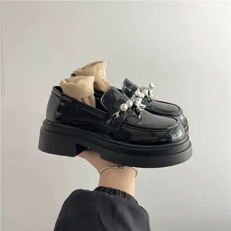 可爱甜酷小熊乐福鞋女2023年春季新款英伦风珍珠一脚蹬厚底小皮鞋商品大图