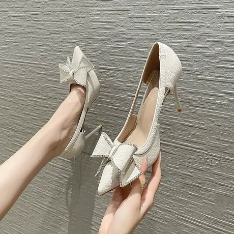 蝴蝶结水钻高跟鞋女细跟2023年夏季新款法式气质尖头百搭软皮单鞋图片
