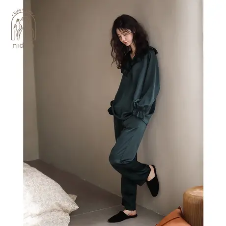 妮狄娅睡衣女春秋冰丝休闲长袖v领套头甜美荷叶边时尚家居服套装商品大图
