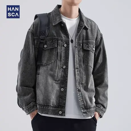 hansca牛仔外套男秋冬款痞帅黑色新款复古高级感美式宽松休闲夹克商品大图