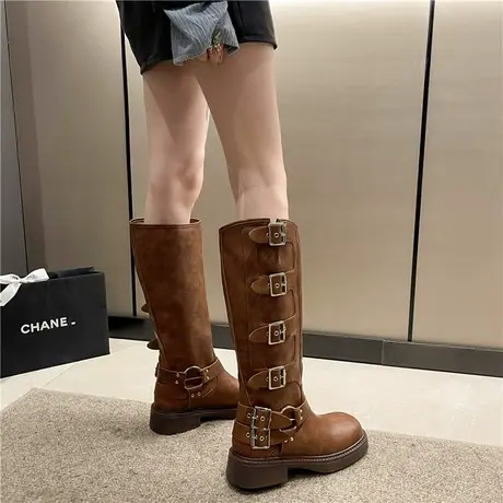 棕色西部牛仔靴女不过膝长靴时尚皮带扣粗跟厚底高筒骑士靴子单靴图片
