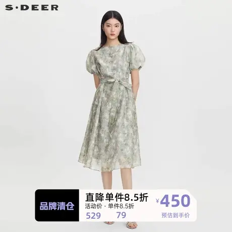 sdeer圣迪奥女装圆领碎花收腰网纱泡泡袖连衣裙S232Z12A5图片
