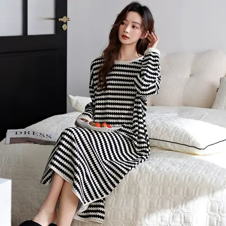 婷美睡裙女士春秋季纯棉长袖套头连体睡衣条纹简约休闲家居服外穿图片