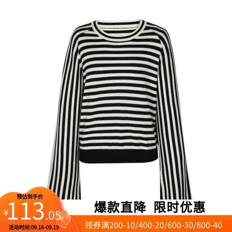 【艾格】2023春季新款气质女针织衫袖口开叉设计宽松条纹针织上衣图片