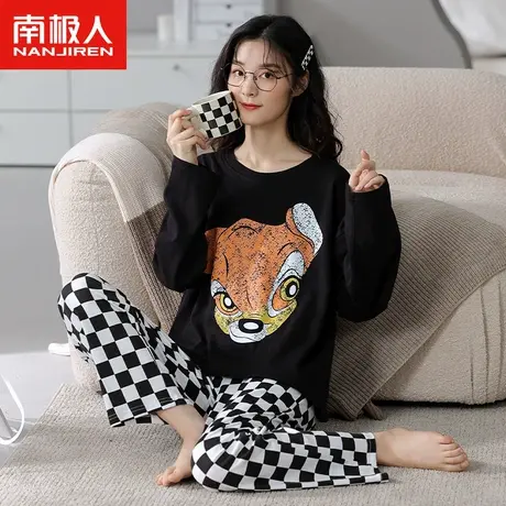 南极人睡衣女春秋款纯棉长袖套装2023年新款春季黑白格卡通家居服商品大图