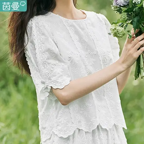茵曼旗舰店女士气质短袖白色衬衣女2023新款棉麻白衬衫高级感上衣图片