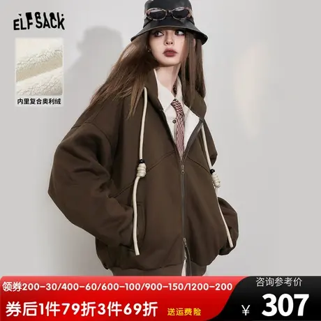 妖精的口袋美拉德连帽加绒卫衣女2023冬季新款小个子宽松长袖上衣商品大图