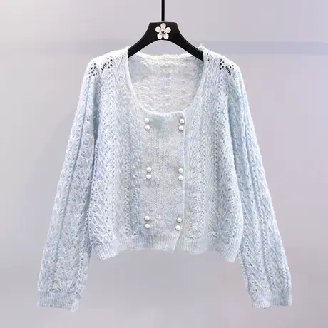 小香风镂空针织开衫女2023年早秋新款宽松设计感薄款长袖毛衣外套图片
