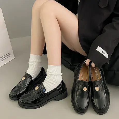 山茶花厚底小皮鞋女2024年春季新款女鞋子黑色jk单鞋一脚蹬乐福鞋图片