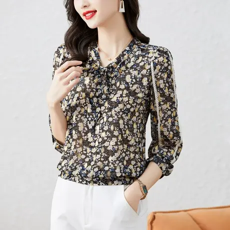 七分袖雪纺衫女中袖2023今年新款时尚碎花上衣秋夏季气质漂亮小衫图片