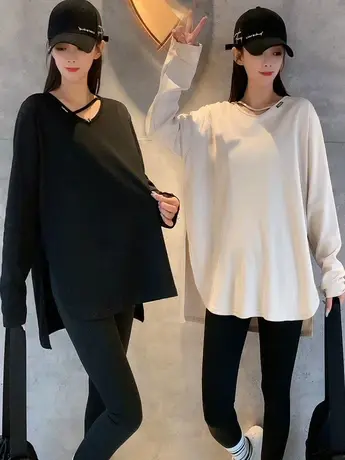 早春长袖T恤女春秋季2023新款宽松显瘦大码中长款开叉打底衫上衣商品大图