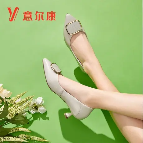 意尔康女鞋2023春季新款真皮高跟鞋女仙女风细跟尖头单鞋中跟皮鞋商品大图