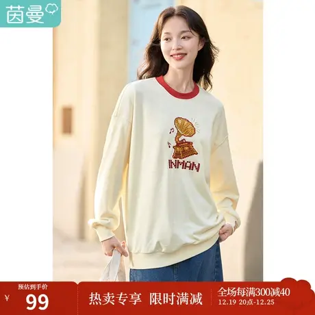 茵曼卫衣女秋装新款休闲t恤刺绣复古体t恤圆领宽松长袖运动衫图片