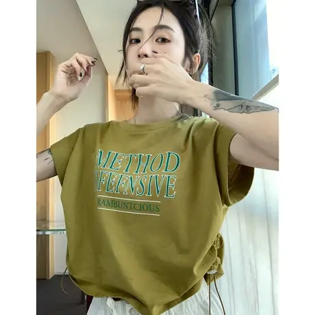 设计感抽绳正肩短袖T恤女夏季2023新款美式复古显瘦宽松短款上衣商品大图