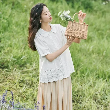 茵曼法式设计感风琴褶拼接绣花衬衣2023夏女装新款翻领短袖薄上衣商品大图