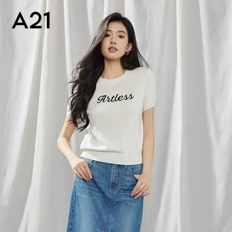 A21女装米白绣花字母圆领短袖毛针织衫短款上衣简约宽松图片