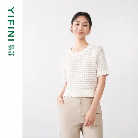 Yifini/易菲镂空钩花短款针织衫女夏装新款套头罩衫小衫毛衫商品大图