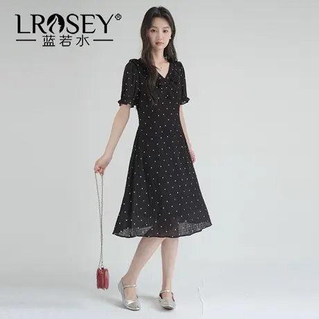 【荷叶边V领波点连衣裙】蓝若水大码2025夏装新款收腰淑女雪纺裙商品大图
