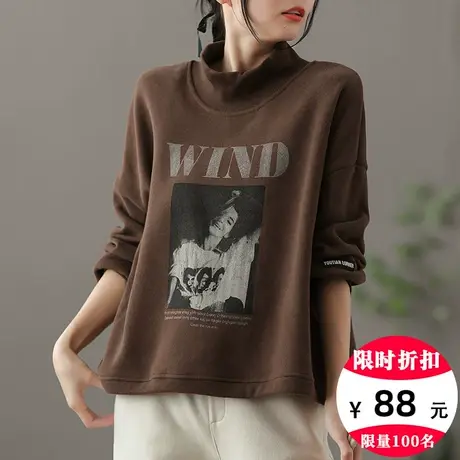 dza 复古宽松加绒加厚纯棉高领卫衣女士秋冬打底短款外套休闲上衣商品大图