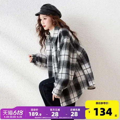 唐狮2024秋冬新款格子衬衫女休闲撞色宽松小众设计感潮流上衣外套图片