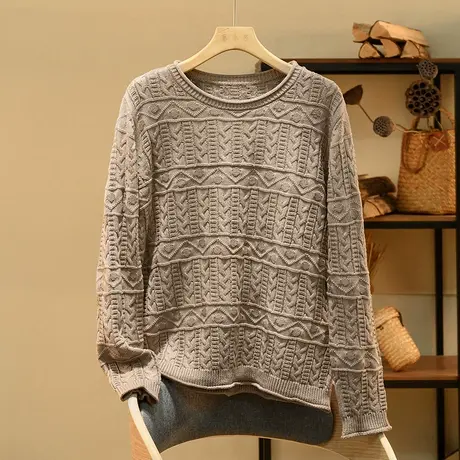 享永子全棉套头针织衫女绞花上衣宽松休闲气质减龄2023秋季新款商品大图