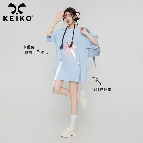KEIKO baby蓝短袖t恤女夏季辣妹蝴蝶结飘带oversize宽松圆领t恤裙图片