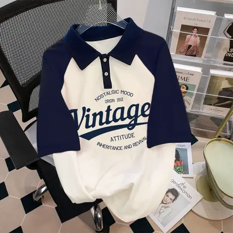 复古Polo领体恤衫夏大码oversize遮肉插肩袖上衣ins撞色T恤短袖女商品大图