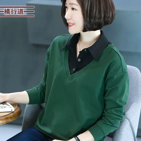 2023冬装新款大码中年妈妈装长袖翻领卫衣女士宽松拼接衬衫领上衣商品大图