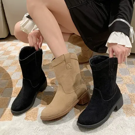 短靴女黑色粗跟西部牛仔靴2023新款马丁靴春秋单靴复古v口瘦瘦靴商品大图