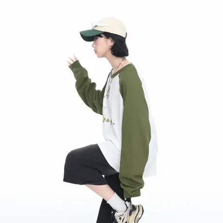 2025春秋新款拼色创意印花圆领长袖T恤女宽松休闲情侣款百搭卫衣商品大图