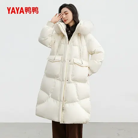 鸭鸭羽绒服女士2024秋冬新品过膝中长款连帽狐狸毛领加厚鸭绒外套商品大图
