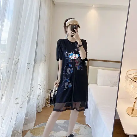 网纱假两件大码显瘦宽松胖mm连衣裙减龄洋气遮肚微胖女士穿搭夏季商品大图