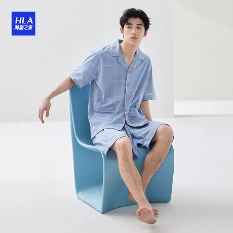 HLA/海澜之家翻领男士家居服套装透气短袖短裤睡衣宽松纯棉商品大图