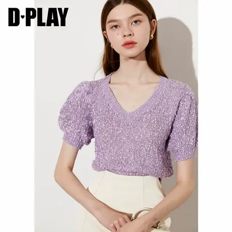DPLAY【惠品】夏新泡泡袖紫色短袖洋气法式慵懒针织衫ins女士上衣商品大图