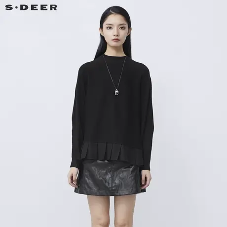 S·DEER圣迪奥女装罗纹圆领抽褶拼接宽松针织衫S21483544商品大图