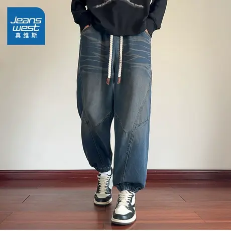 KF真维斯男装2025秋季新款 束脚长裤男士休闲松紧腰拼接牛仔裤商品大图