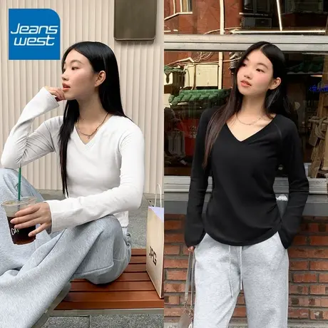 KV真维斯白色v领长袖t恤女早秋2025新款秋季修身显瘦内搭打底衫女商品大图