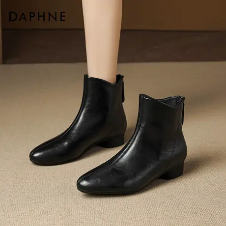 达芙妮法式短靴女2025秋冬新款英伦粗跟瘦瘦靴黑色百搭尖头及踝靴图片