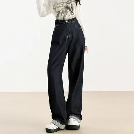 唐狮秋冬新款女牛仔裤撞色阔腿裤脚折边美式复古长裤直筒tu商品大图