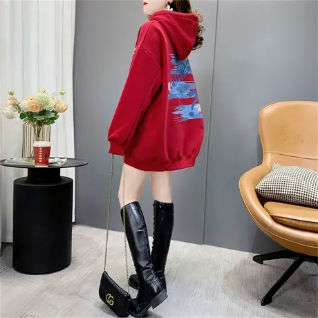 新年红色加绒加厚连帽卫衣女2022年新款秋冬宽松洋气中长款外套潮商品大图