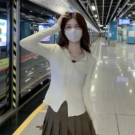设计感辣妹小开叉显瘦明线小V领春秋T恤女洋气显白不规则长袖上衣商品大图