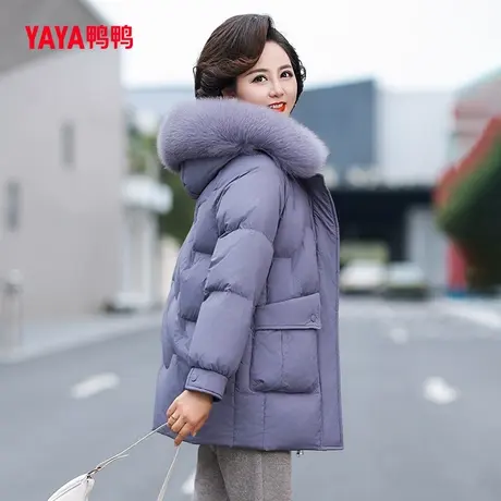 鸭鸭羽绒服女2023冬季新品中老年连帽狐狸毛领中长款妈妈装J图片