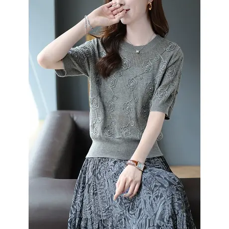 宝诗黎圆领钉珠提花短袖针织衫2023早秋新款搭配上衣时尚休闲毛衣商品大图