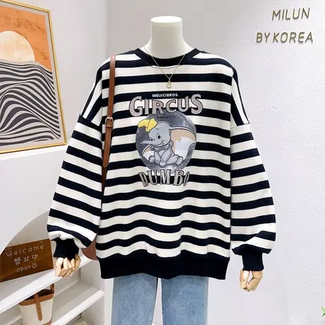 微胖显瘦上衣~秋冬新款ins日系甜美小象条纹宽松摇粒绒卫衣休闲图片