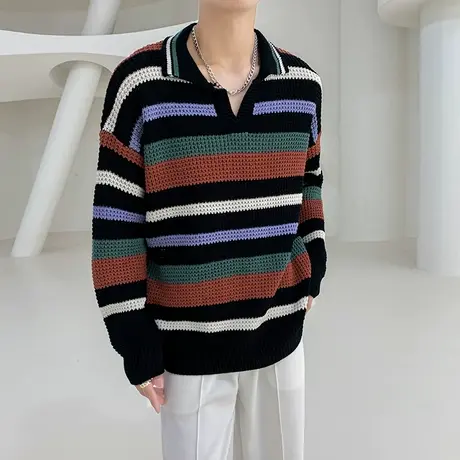 毛衣男秋冬ins撞色拼接彩条纹针织衫复古休闲小众设计感线衣外套商品大图