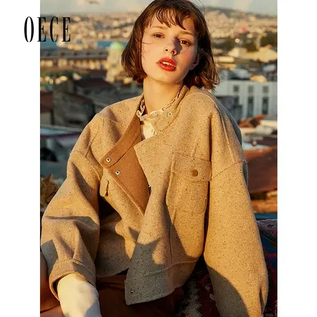 【买1送1】Oece秋冬新款复古少女英伦减龄双面呢大衣毛呢短款外套图片